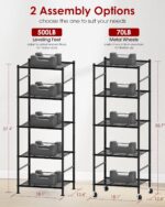 Sakugi Storage Shelves Organizer - 5 Tier Metal Shelf Organizer with Metal Wheels and Adjustable Leveling Feet, Heavy Duty Garage Shelving for Kitchen, Pantry and Closet, 18.1"x12.6"x58.7", Black - Image 3