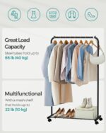 SONGMICS Clothes Rack on Wheels, Single-Rail Metal Garment Rack, with Storage Shelf, Top Rail Holds up to 40 kg, Black HSR25BK - Image 3