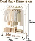 Double Rod Clothing Rack with Wheels, Free-Standing Closet Organizer with Storage Shelves, Heavy-Duty Clothes Hanging Rack with Lockable Wheels for Bedroom, Entryway, and Office (White) - Image 6