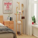 medla Bamboo Clothes Hanger Stand: Freestanding Cloth Rail Wooden Clothes Rack with 3 Tier shelves and 10 Hooks Entry Hall Tree Multifunctional Coat Stand for Bedroom Hallway - Image 3