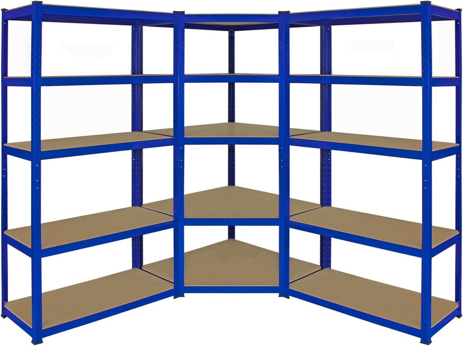 71QgH89wHaL._AC_SL1500_.jpg Monster Racking T-Rax Corner Unit & Pack of 2 Garage Shelving Unit Extra Wide - 5 Tier Heavy Duty Rack for Storage Steel Utility Shelves | Metal & MDF Boltless Assembly System | 180cm x 90cm x 45cm - Image 1