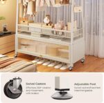 Freestanding Coat Rack with Storage Cabinet, Metal Garment Rack with Lockable Wheels & Wire Mesh Shelf Portable Closet Organizer Hanger Stand for Bedroom, Living Room, Cream White - 120cm - Image 5