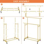 Calmootey Double Rod Clothing Garment Rack,Rolling Hanging Clothes Rack,Portable Clothes Organizer for Bedroom,Living Room,Clothing Store,Gold - Image 9