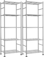 Sakugi Storage Shelves - Set of 2, 5-Tier Metal Shelf Organizer, Space-Saving Garage Shelving with Leveling Feet, Standing Shelves Organizer for Kitchen, Laundry, Pantry (18.1"x12.3"x56.8", Silver)