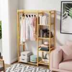 Bamboo Garment Clothing Rack, Coat Hanging Rack with Storage Shelves Open Wardrobe Coat Stand Clothes Shoes Organizer with Back Cover for Entryway Living Room