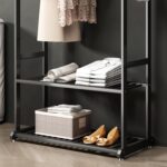 Freestanding Clothing Rack,Metal Garment Rack with Bottom Shelves and 6 Side Hooks,Black sturdy clothes racks for hanging clothes,Modern Wardrobe Organizer for Bedroom or Closet (L:31.5IN) - Image 5
