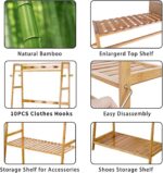 medla Bamboo Clothes Hanging Rack: Storage Clothing Stand with 2-Tier Shelf Free Standing Garment Rack Open Wardrobe with Hooks for Living Room Bedroom - Image 6