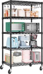 61cm x 46cm x 183cm Wire Shelf with Wheels, 5 Tier Adjustable Heavy Duty Metal Storage Shelves, Kitchen Utility Shelf Organizer Pantry Rack for Closet Garage Laundry Room, Black ﻿