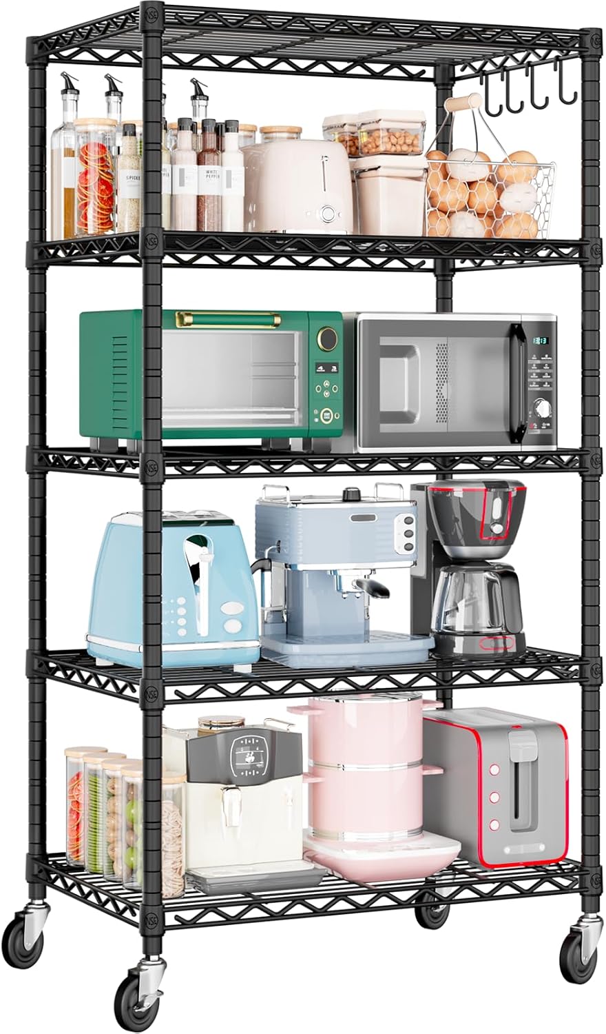 71TQx-s14L._AC_SL1500_.jpg 61cm x 46cm x 183cm Wire Shelf with Wheels, 5 Tier Adjustable Heavy Duty Metal Storage Shelves, Kitchen Utility Shelf Organizer Pantry Rack for Closet Garage Laundry Room, Black - Image 1