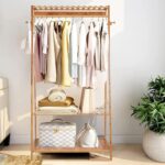 medla Bamboo Clothes Hanging Rack: Storage Clothing Stand with 2-Tier Shelf Free Standing Garment Rack Open Wardrobe with Hooks for Living Room Bedroom - Image 3