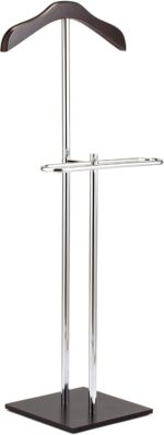 MyGift Brown Wood and Metal Valet Suit Stand Executive Men's Garment Organizer Rack Coat and Pants Hanger