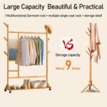 Bamboo Clothes Rack Portable Garment Rack Rolling Coat Rack Clothing Organizer Pant Hat Tree Multifunctional Bedroom Hanging Rack Wardrobe Storage Shelves with Wheels For Entryway Bed Room - Image 3