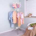 BAOYOUNI Collapsible Clothes Drying Rack Foldable Tripod Coat Hanger Corner Garment Storage Shelf Stand Portable Laundry Organizer Indoor Outdoor with 3 Arms and 24 Clothespins - Ivory - Image 3