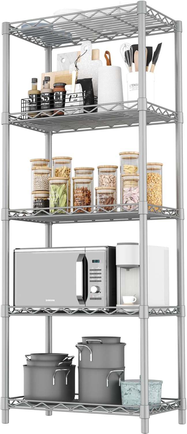 71UrKSZNC0L._AC_SL1500_.jpg HOMEFORT 5-Tier Wire Shelving 5 Shelves Unit Metal Storage Rack Durable Organizer Perfect for Pantry Closet Kitchen Laundry Organization in Grey,21”Wx14”Dx61”H - Image 1