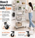 Toshionics 5 Tier Foldable Storage Shelves with Wheels [Heavy Duty] Metal Shelving unit - Kitchen Cabinet Self Storage Multipurpose Rack Book shleves Garage Easy Assembly 160x38x71 cm - White - Image 3