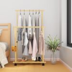 medla Clothing Rail with Wheels: Rolling Clothes Hanger Stand Double Rod Portable Clothes Rack on Wheels with Bottom Shelf for Shoe Storage Wooden Standing Garment Organizer for Bedroom Balcony - Image 4