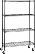 Amazon Basics 4-Shelf Adjustable, Heavy Duty Storage Shelving Unit on 7.62 cm Wheel Casters, Metal Organizer Wire Rack, Black, 91.4 cm L x 110.16 cm W x 146 cm H