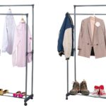WT-EASYCARE Double Hanging Rod Garment Rack with Rolling Casters – Durable, Rust-Free Steel, Lockable Wheels, Space-Saving Bottom Shelf - Ideal for Home, Studio, Bedroom, Hostel or Guest Rooms