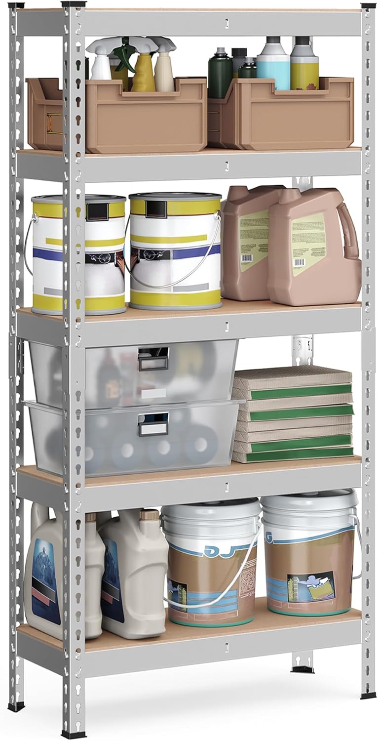 71WEiTHfOL._AC_SL1500_.jpg SONGMICS 5-Tier Storage Shelves, Garage Storage, Boltless Assembly, Adjustable Shelving Unit, 11.8 x 29.5 x 59.1 Inches, Load 1929 lb, for Shed Warehouse Basement Kitchen, Silver UGLR300E01 - Image 1