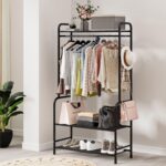 Clothing Rack Metal Garment Racks with Bottom Shelves Free-Standing Clothes Rack for Indoor Bedroom, Balcony, Hallway, Laundry (Black) - Image 2