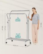SONGMICS Clothes Rail, Clothes Rack, Double Clothes Hanging Rail, Heavy-Duty Metal Frame, with Wheels and Shelf, 100 kg Total Max. Load, 103.5 cm Wide, Clothing Storage, Silver HSR107E01 - Image 6