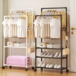 YelaJoy Clothes Rack for Hanging Clothes, Portable Rolling Garment Rack, Sturdy Metal Freestanding Cloths Racks with Wheels, Double Rods Wardrobe Racks for Bedroom Laundry Living Room (White) - Image 3