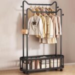 Double Rod Metal Clothes Rack with Wheels & Storage Basket, Heavy Duty Freestanding Garment Rack with Side Hooks, Rolling Coat Rack Organizer for Bedroom Laundry Room Home Storage