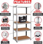 Garage Shelving Units 5-Tier Storage Shelves, 175kg Per Shelf, 5mm MDF Boards, Shed Storage Racking Shelf Adjustable Metal Boltless Design for Living Room,Office(Silver,70x30x150cm) - Image 3