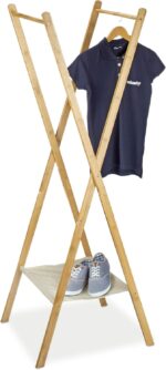 Relaxdays Stand made of Bamboo, Size: 155.5 x 50 x 57.5 cm Wardrobe Coat Hanger w/Practical Rack Shoe Shelf Space-Saving for Garments Laundry Clothing with 2 Wooden Rails, Natural Brown, 58x50x164 cm
