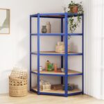 Brokky 5-Layer Corner Shelf Blue Steel&Engineered Wood-Garage Shelves Metal Storage Shelves,Heavy Duty Shed Storage Racking for Warehouse Workshop Office