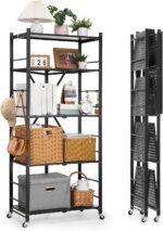 VEVOR 5-Tier Foldable Storage Shelf with Wheels, 28-inch W x 15-inch D x 64-inch H Folding Metal Rack Shelving Unit, Heavy Duty No Assembly Organizer Shelf for Garage, Kitchen, Basement, Black