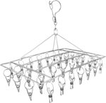 DELFINO Stainless Steel Sock Drying Rack, Laundry Pegs with 36pcs Swivel Hook Wind-proof Clothes Hanging Rack Metal Clothespins Rectangle for Socks, Underwear, Shoe Insoles, Baby Clothes, Gloves