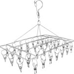 DELFINO Stainless Steel Sock Drying Rack, Laundry Pegs with 36pcs Swivel Hook Wind-proof Clothes Hanging Rack Metal Clothespins Rectangle for Socks, Underwear, Shoe Insoles, Baby Clothes, Gloves