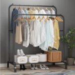 bpa 2 Storage shelf Stand with 2 Clothes Rail and Rolling - Black - Image 2