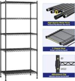 5 Tier Storage Shelves, Heavy Duty Wire Shelving Unit with Height Adjustable Shelves, Pantry Shelves with S Hooks, Sturdy Metal Storage Racks for Kitchen Bathroom Pantry Closet (Black, 60x35x150cm) - Image 4