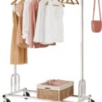 Tajsoon Heavy Duty Clothes Rack Foldable Garment Rack with Wheels and Extendable Rod, Freestanding Clothing Rack for Hanging Clothes, Adjustable ＆ Collapsible Rolling Racks with Bottom Shelf, Chrome