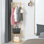 medla Bamboo Clothes Hanger Stand: Wood Cloth Rack with 3 Hanging Hooks and 2 Tier Shoe and Bag Storage Shelves Free Standing Coat Organizer for Hallway Home Office - Image 5