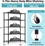 MZG 5-Tier Adjustable Heavy-Duty Metal Wire Storage Shelving Unit with Wheels (Black, 45 × 120 × 180 cm) for Garage, Warehouse, Supermarket, Balcony and Garden - Image 3