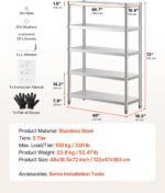 VEVOR Stainless Steel Shelving 48x18.5 Inch 5 Tier Adjustable Shelf Storage Unit Stainless Steel Heavy Duty Shelving for Kitchen Commercial Office Garage Storage 330lb Per Shelf - Image 7