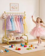 Sakugi Clothes Rack - Sturdy Metal Kids Clothing Rack with Bottom Storage Shelf & Adjustable Feet, Dress Up Storage for Toddler's Bedrooms, Nurseries, Playrooms, 31" x 12.5" x 47.8", Gold - Image 3