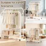 Double Rod Clothing Rack with Wheels, Free-Standing Closet Organizer with Storage Shelves, Heavy-Duty Clothes Hanging Rack with Lockable Wheels for Bedroom, Entryway, and Office (White) - Image 4