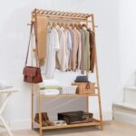 medla Bamboo Clothes Hanging Rack: Storage Clothing Stand with 2-Tier Shelf Free Standing Garment Rack Open Wardrobe with Hooks for Living Room Bedroom - Image 2