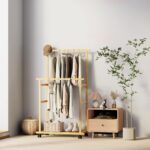 medla Clothing Rail with Wheels: Rolling Clothes Hanger Stand Double Rod Portable Clothes Rack on Wheels with Bottom Shelf for Shoe Storage Wooden Standing Garment Organizer for Bedroom Balcony - Image 2