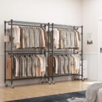 BATHWA Heavy Duty Rolling Garment Racks, 25mm Metal Pipe, 47.3" W x 17.7" D x 80.7" H Large Tall Portable Wardrobe Closet with 2 Rods, Wide Adjustable Shelves and Hangers, Clothing Hanging Storage - Image 7