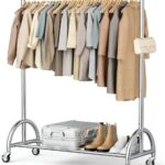 MISSLO Heavy Duty Clothing Rack with Wheels Rolling Clothes Racks for Hanging Clothes, Coats, Garment, Dress, Silver