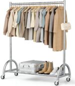 MISSLO Heavy Duty Clothing Rack with Wheels Rolling Clothes Racks for Hanging Clothes, Coats, Garment, Dress, Silver
