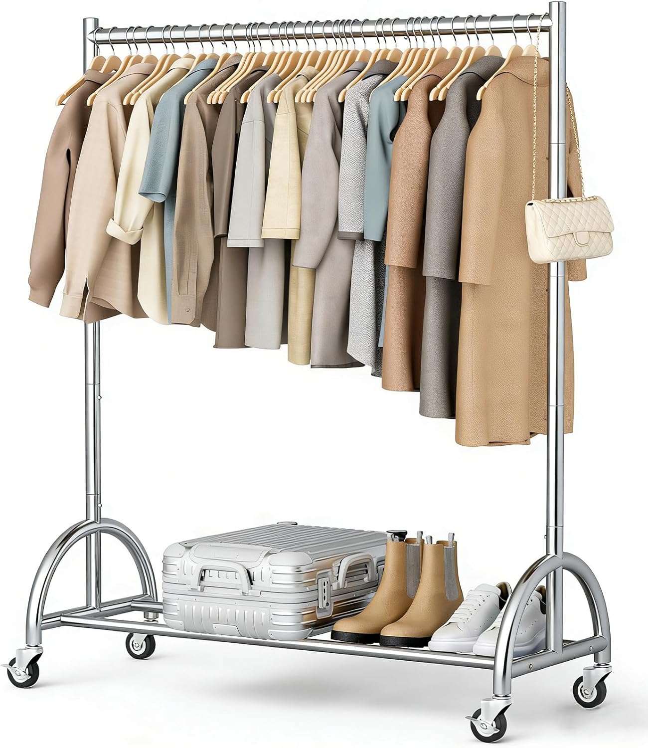 71drb6XAT-L._AC_SL1500_.jpg MISSLO Heavy Duty Clothing Rack with Wheels Rolling Clothes Racks for Hanging Clothes, Coats, Garment, Dress, Silver - Image 1