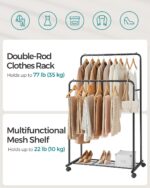 SONGMICS Double Rods Clothes Rack with Wheels, Clothing Rack for Hanging Clothes, Heavy Duty Garment Rack with Mesh Storage Shelf, 2 Brakes, Each Top Rail Holds up to 77 lb, Black UHSR26BKV1 - Image 3