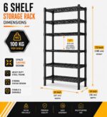 STORACK Height Adjustable 6-Shelf Heavy Duty Boltless Flodable Wire Shelving Rack Shelves - Black (Steel, Black Coated Chrome Finish), Tiered Shelf - Free Standing 24X14X72 inch - Image 2