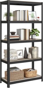 SONGMICS Standing Shelf, Bookcase, Storage Shelf, 5 Shelves, Adjustable, 40 x 90 x 180 cm, Maximum Load 875 kg, for Kitchen, Living Room, Greige-Black, GLR040B21